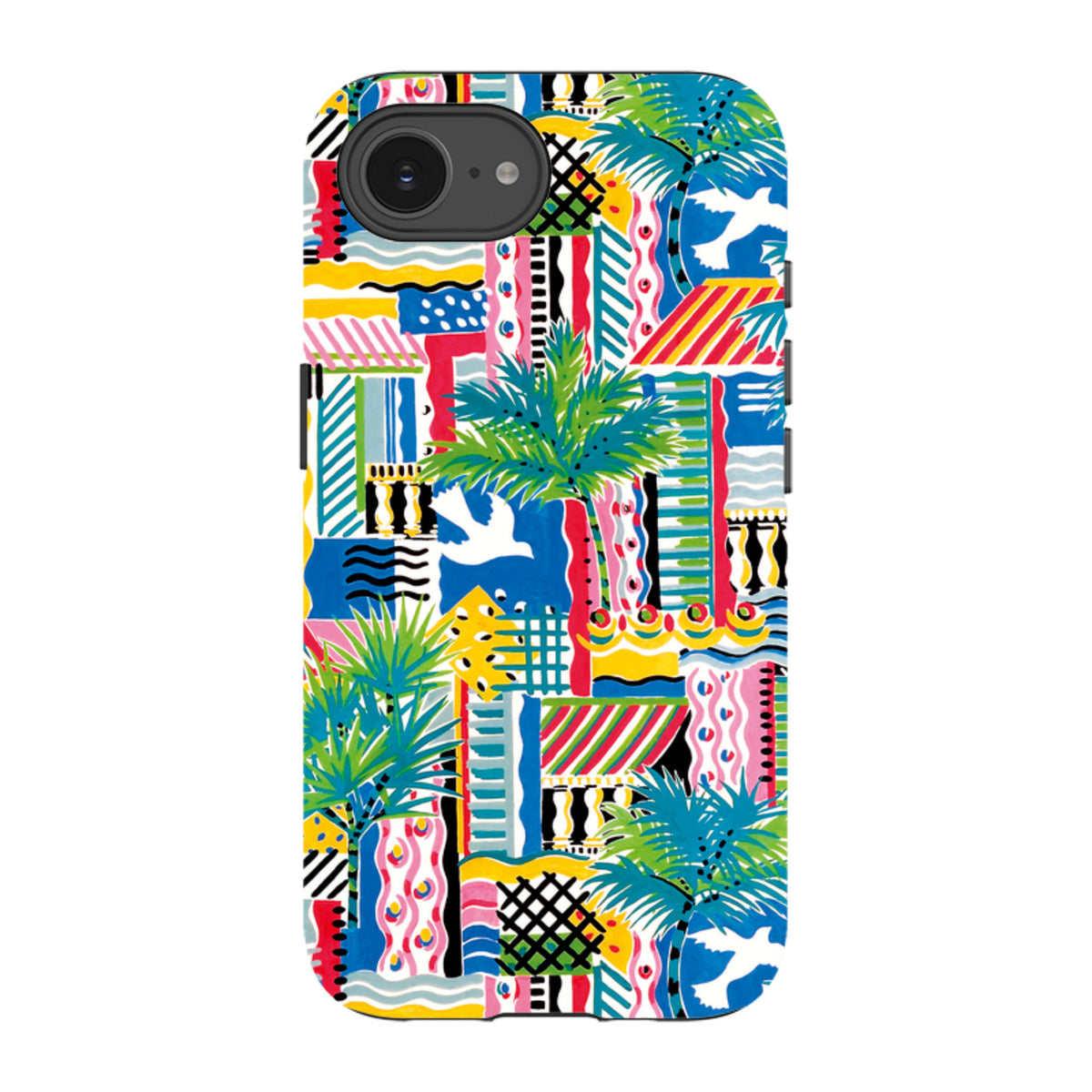 iPhone tough case featuring Sarah Campbell’s colorful Cote D'Azur palm tree and geometric pattern with dual-layer protection.