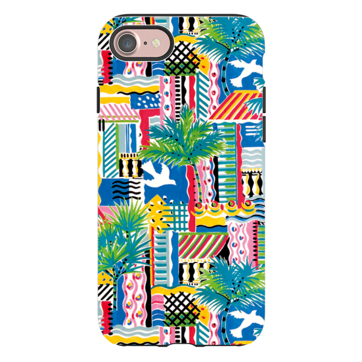 iPhone Tough Case featuring Sarah Campbell’s Cote D'Azur vibrant palm tree, bird, and geometric pattern in multi-color.