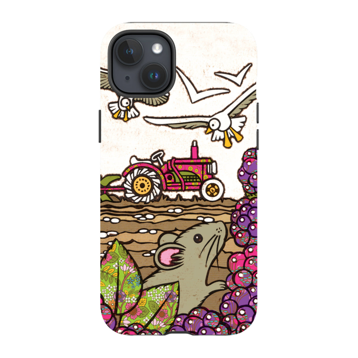 iPhone tough case featuring Amelia Bowman's colorful country art with a tractor, mouse, and birds on a dual-layer shell.