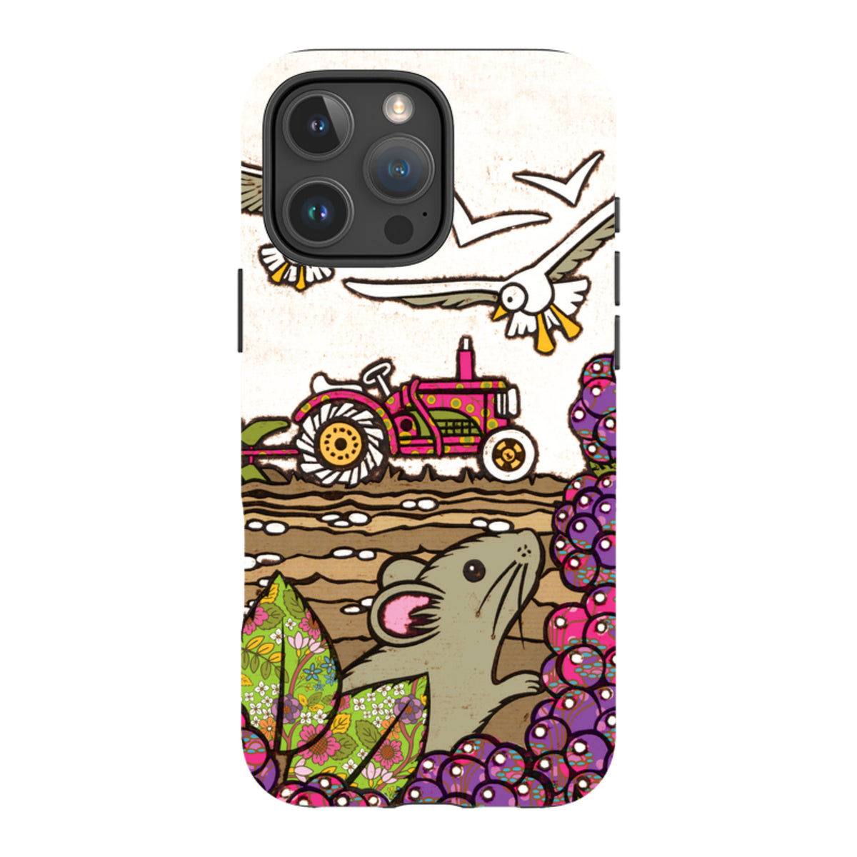 iPhone tough case featuring Amelia Bowman’s whimsical country art with a tractor, mouse, and birds in vibrant colors.