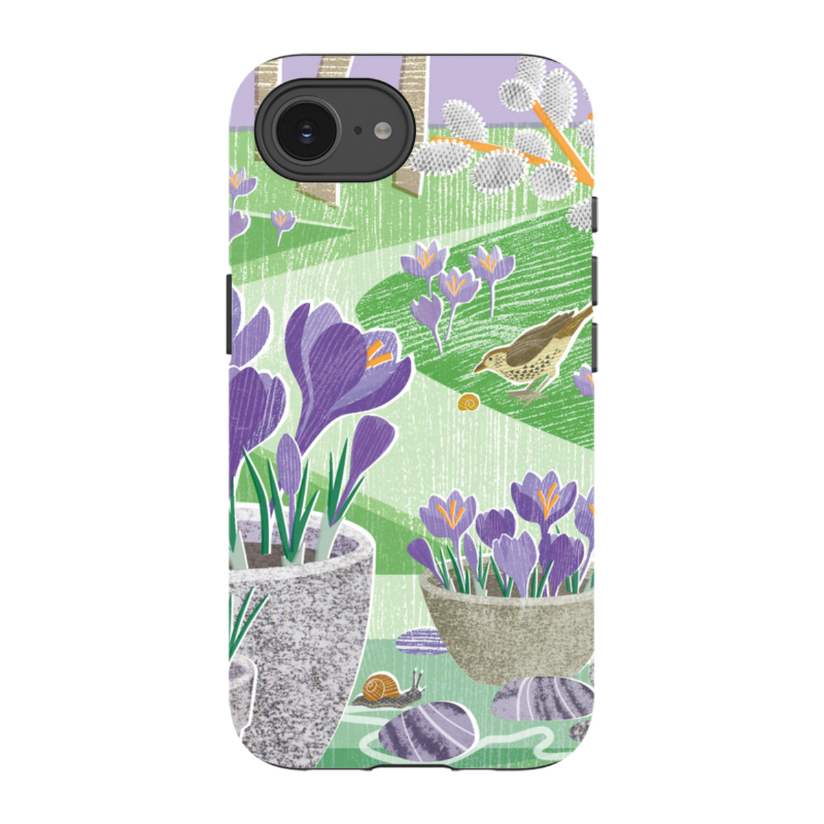 iPhone tough case featuring Liane Payne's Crocus floral art with purple flowers, a bird, and snails on a green background.