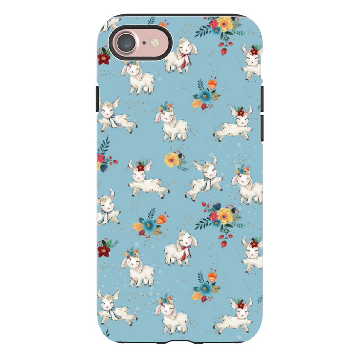 Dual-layer iPhone tough case featuring a cute lamb and floral pattern on a light blue background with gold accents.