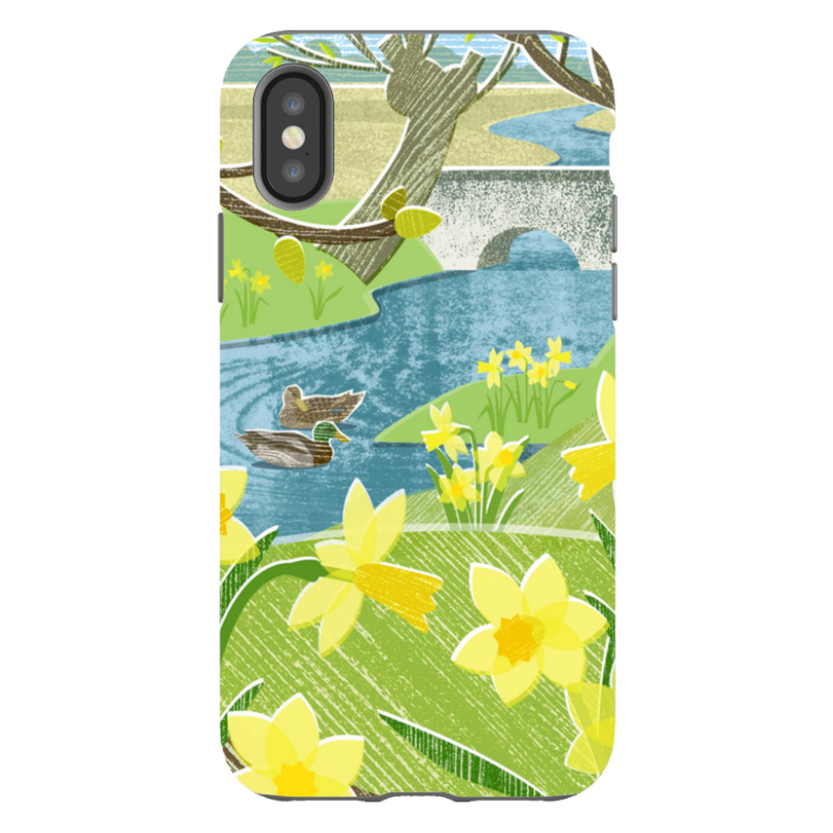 iPhone tough case featuring a vibrant Daffs and Ducks landscape illustration with yellow flowers and ducks on a blue stream.