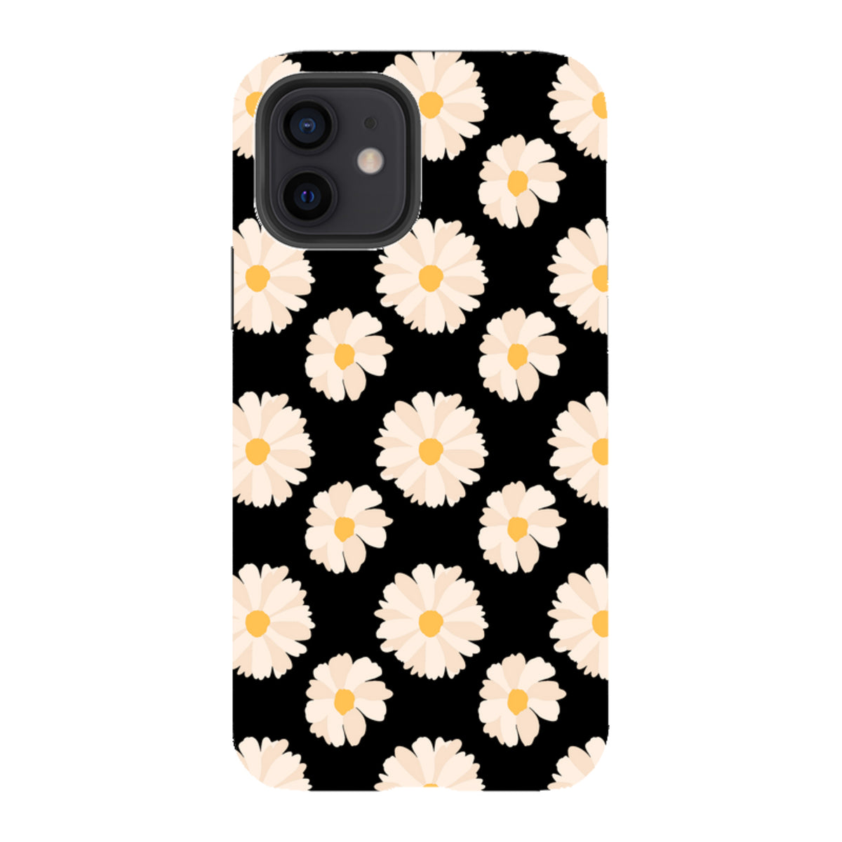 iPhone tough case with a black background and a repeating pattern of white daisies with yellow centers.
