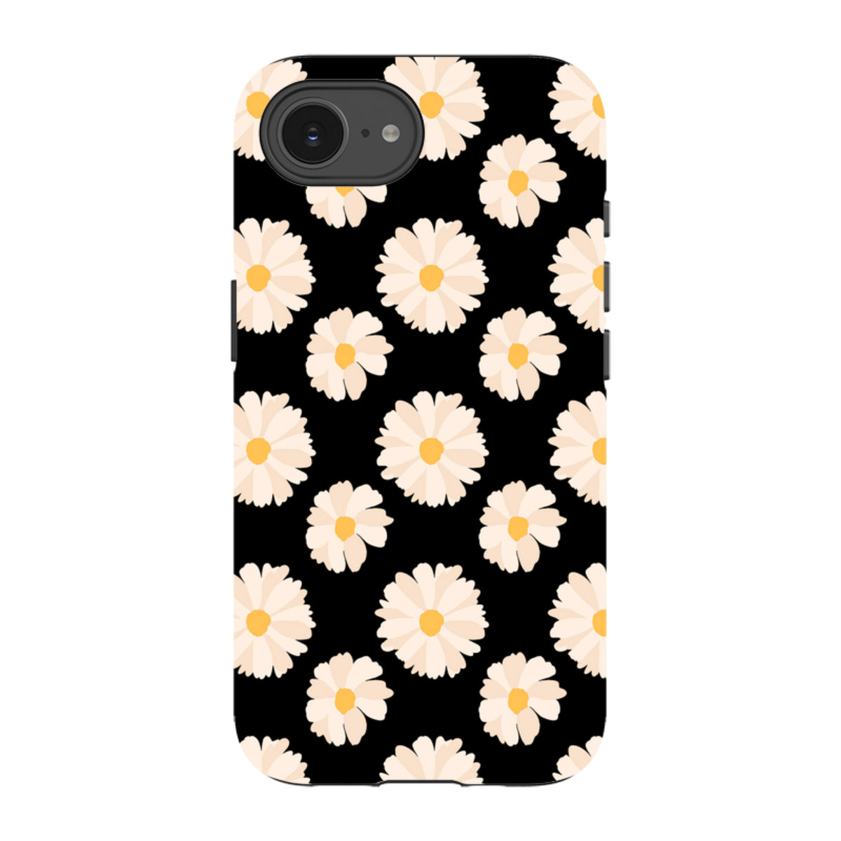 iPhone tough case featuring a repeating white daisy pattern with yellow centers on a solid black background.