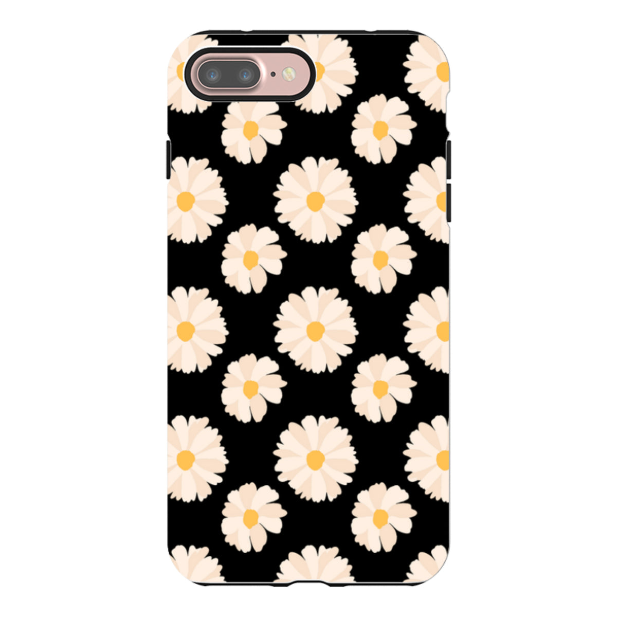 iPhone tough case featuring a repeating white daisy pattern with yellow centers on a solid black background.