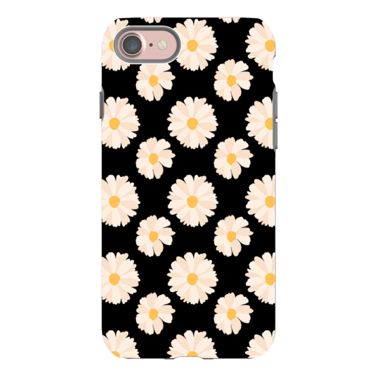 Dual-layer iPhone tough case with a black background and a repeating white daisy flower pattern.