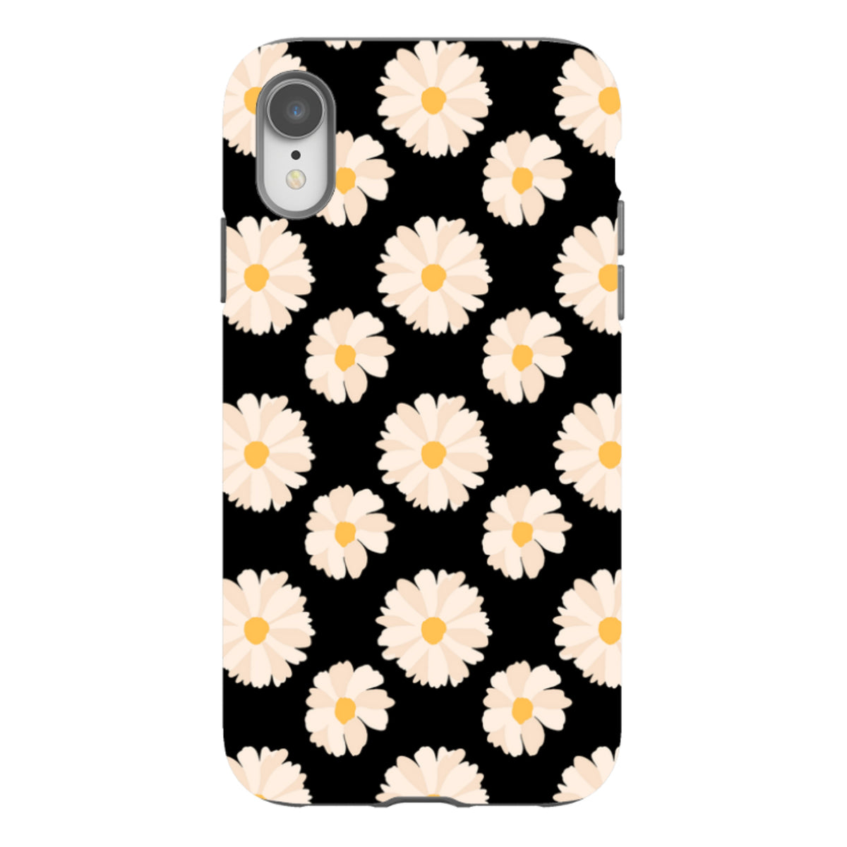 Dual-layer iPhone tough case featuring a white daisy floral pattern on a black background with precise camera cutouts.