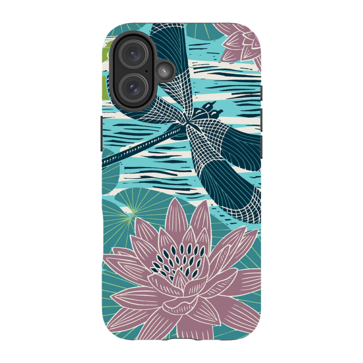 iPhone tough case featuring Kate Heiss Damesoille art with a dragonfly, lotus flowers, and teal water patterns.