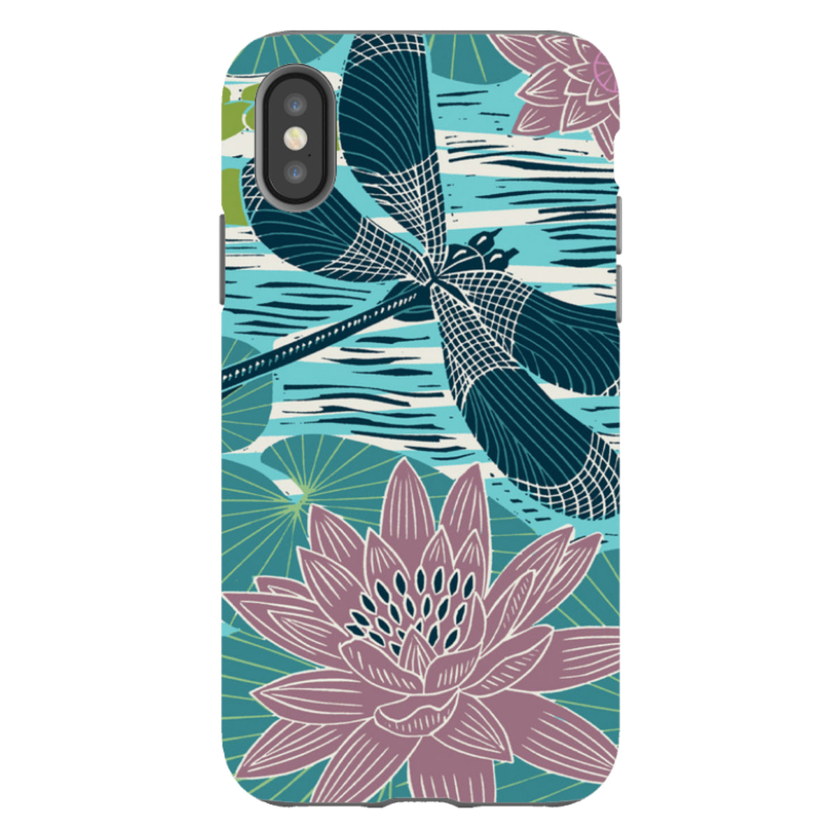 Dual-layer iPhone tough case featuring a teal, pink, and navy dragonfly and water lily art print by Kate Heiss.