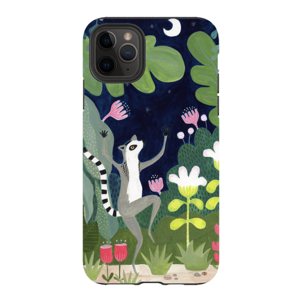 Dual-layer iPhone case featuring a dancing lemur in a whimsical night garden with colorful flowers and a crescent moon.