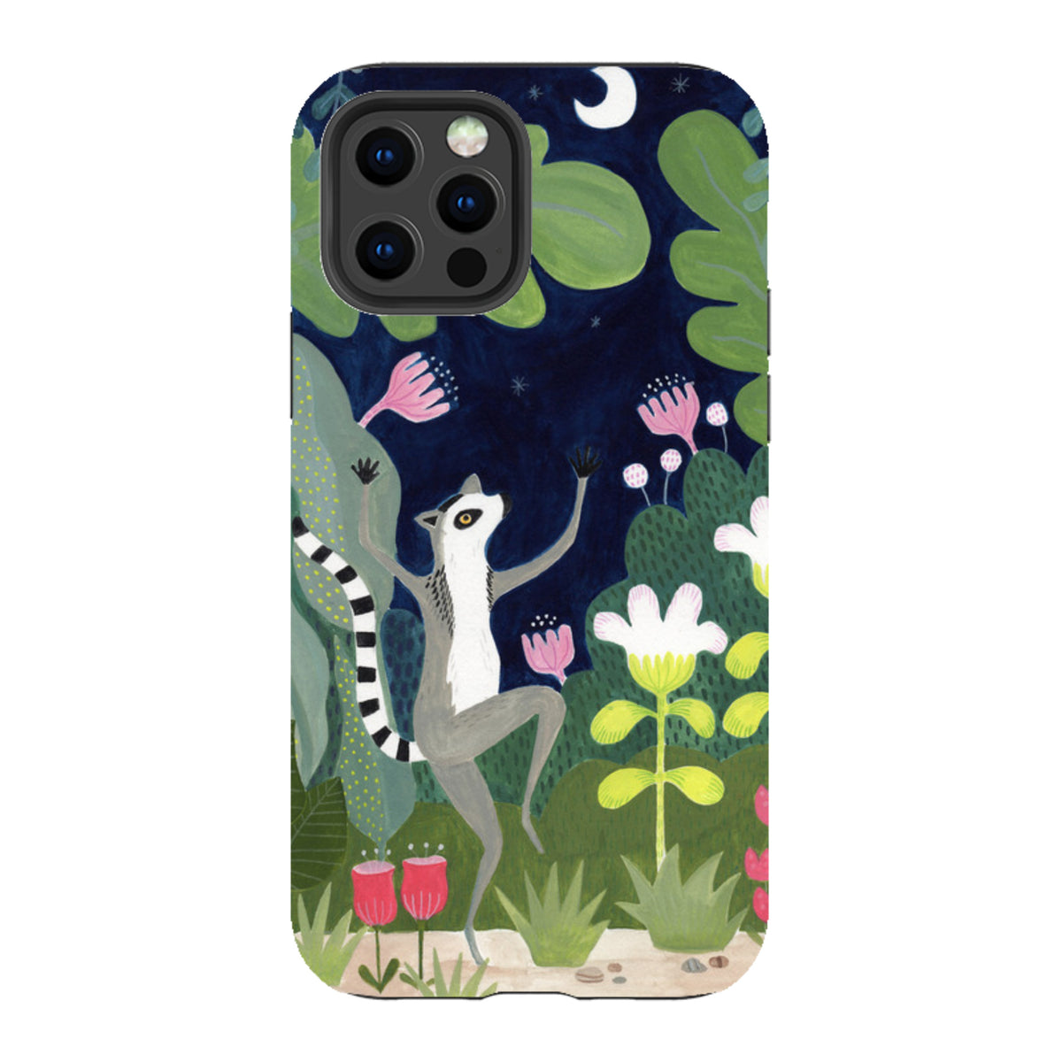 Dual-layer iPhone tough case featuring a dancing lemur in a whimsical night garden with colorful flowers and moon.