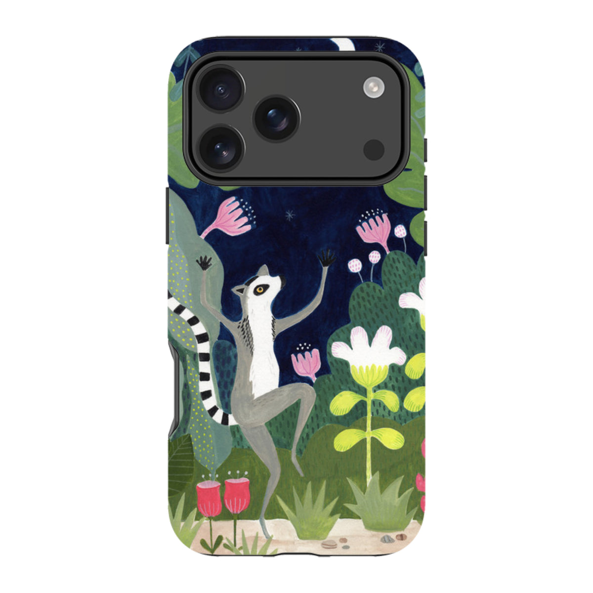 Dual-layer iPhone tough case featuring a dancing lemur illustration with colorful flowers against a dark blue night sky.