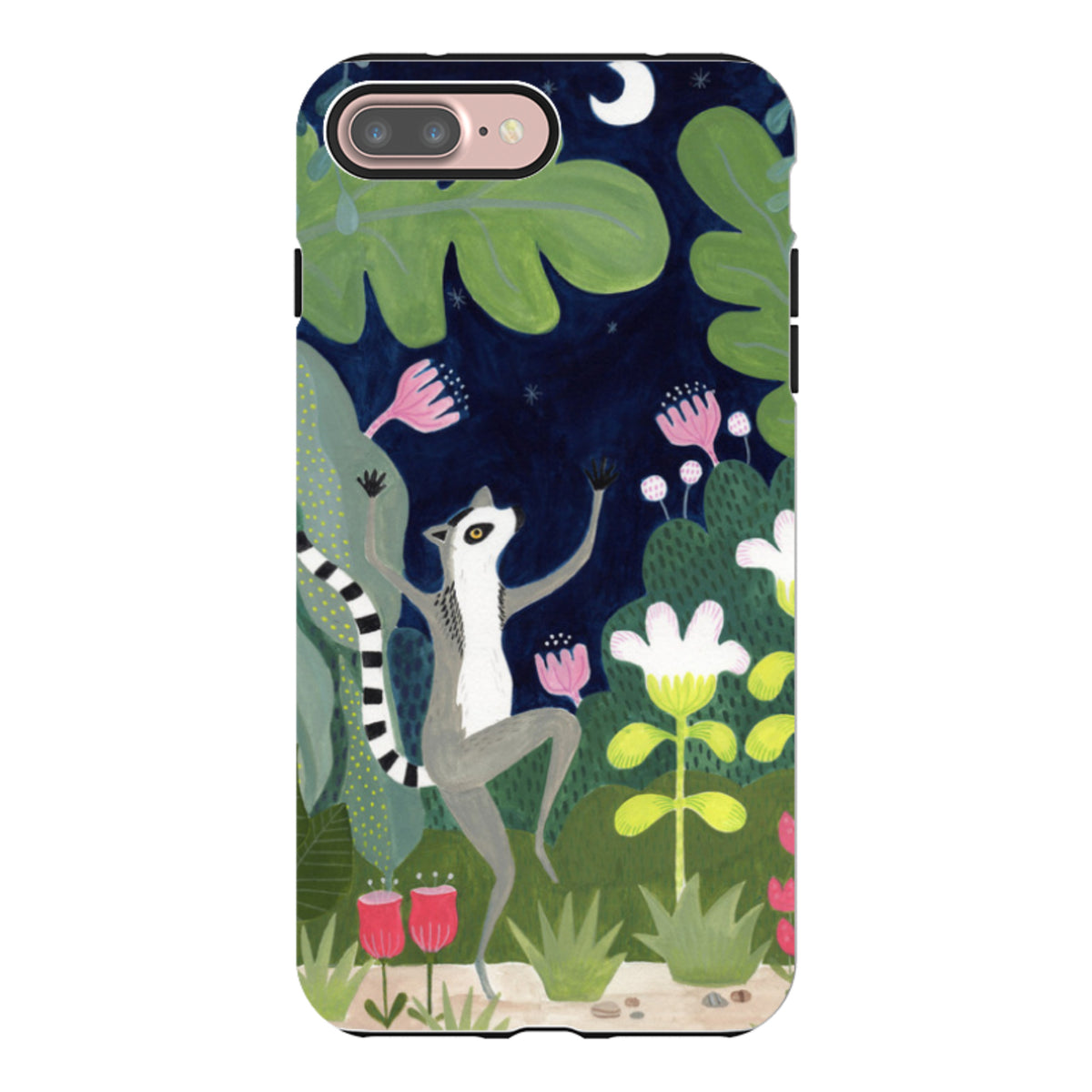 Dual-layer iPhone case featuring a dancing lemur in a whimsical night garden with colorful flowers and a crescent moon.