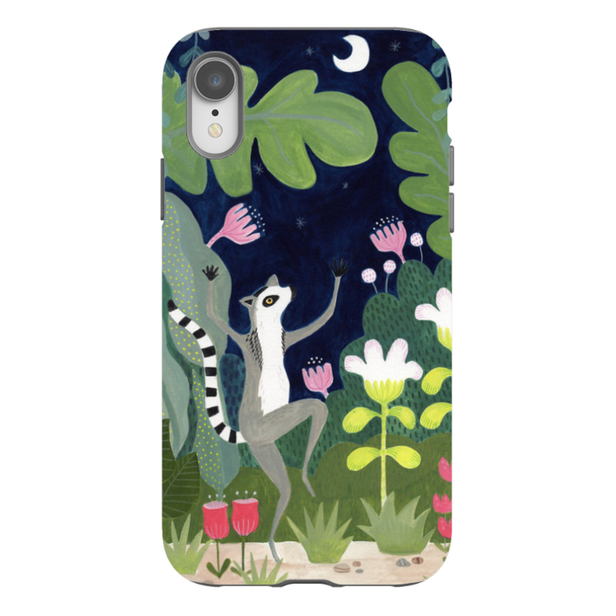 iPhone tough case featuring a dancing lemur in a whimsical night garden with colorful flowers and a crescent moon.