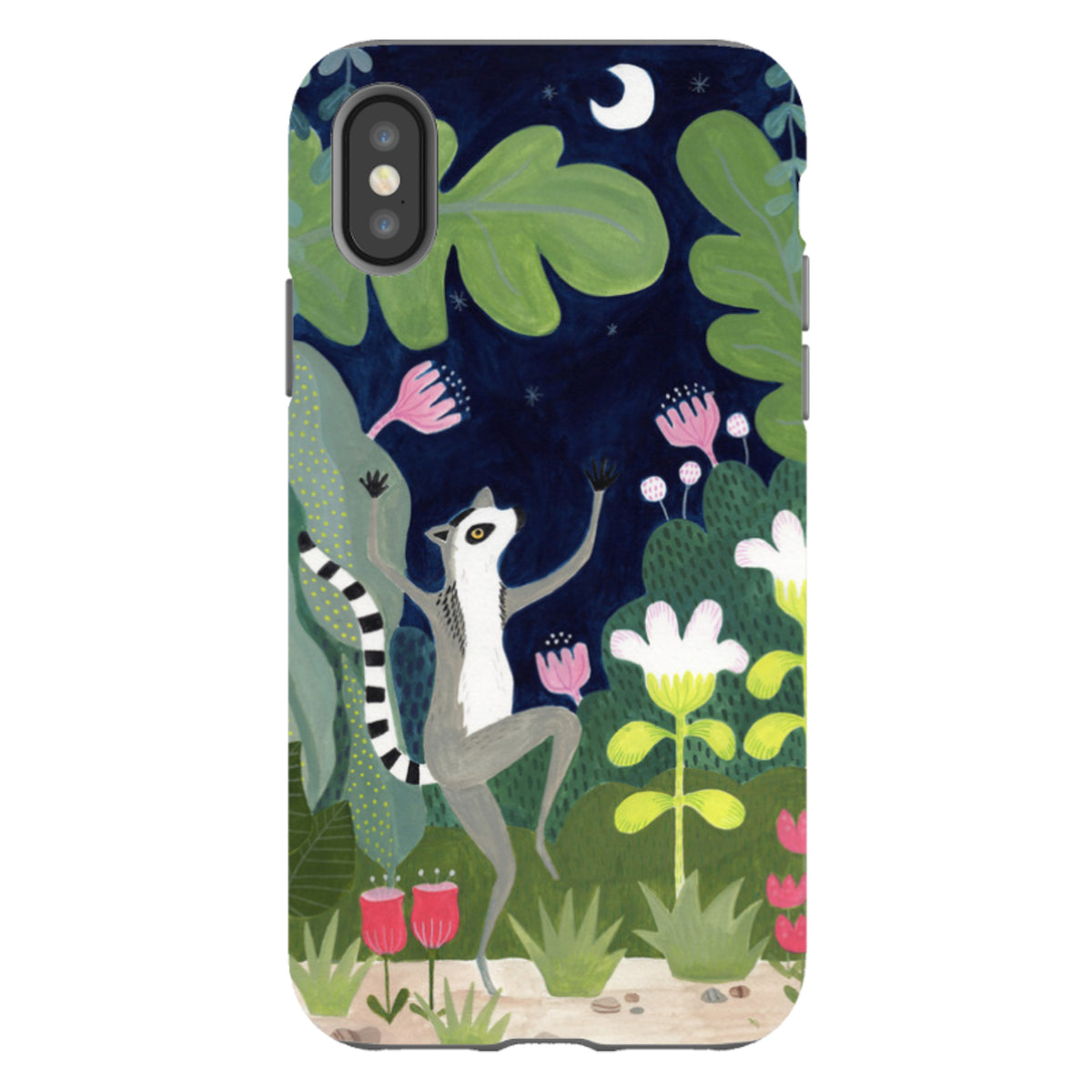 Dual-layer iPhone case featuring a dancing lemur in a whimsical night garden with flowers and a crescent moon.