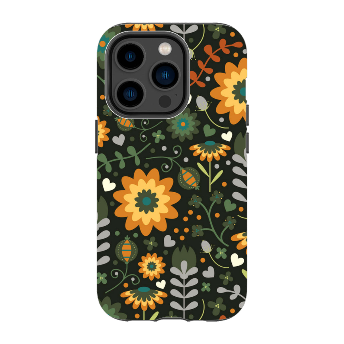 iPhone tough case with a dark floral pattern featuring orange and green flowers on a black background.