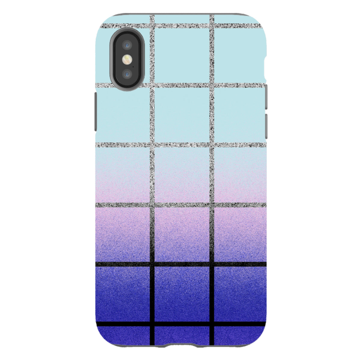 iPhone tough case with a blue-to-purple gradient grid pattern and shimmering silver lines on a durable dual-layer shell.