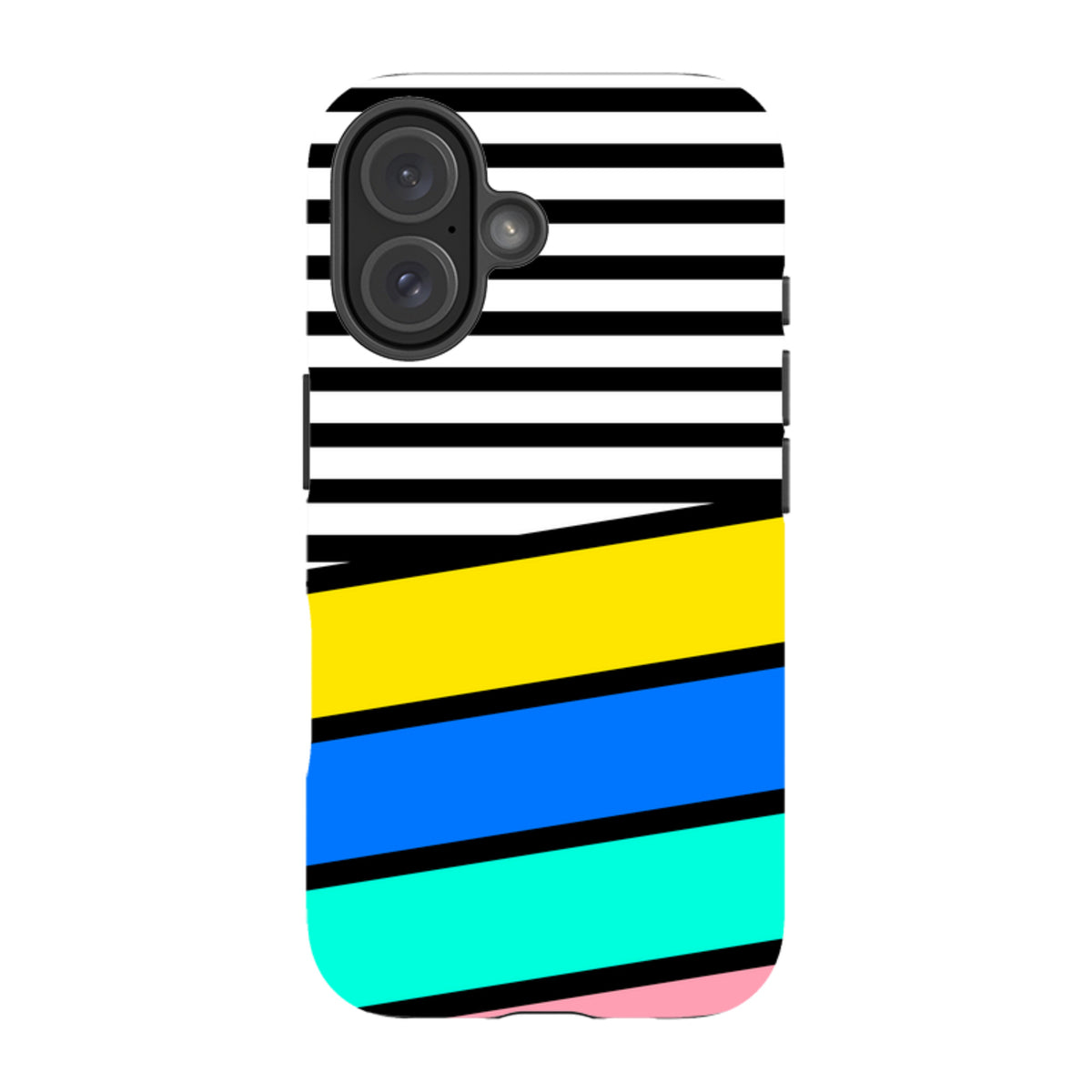 iPhone tough case with black and white stripes above yellow, blue, teal, and pink diagonal color blocks.