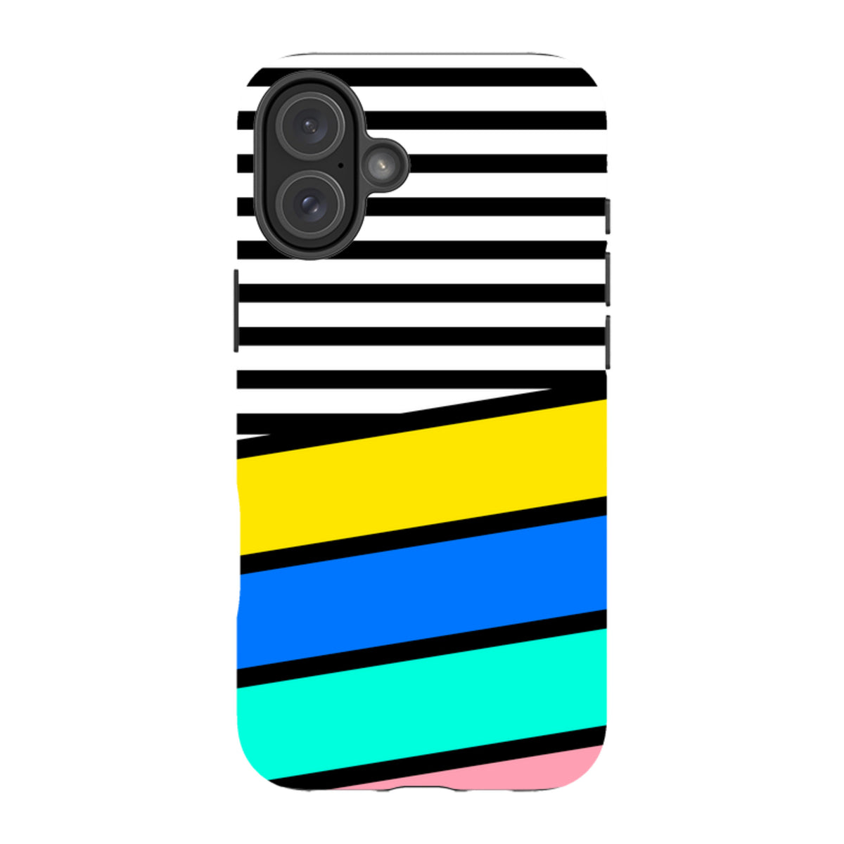 iPhone tough case with black and white stripes above diagonal yellow, blue, teal, and pink color-blocked sections.