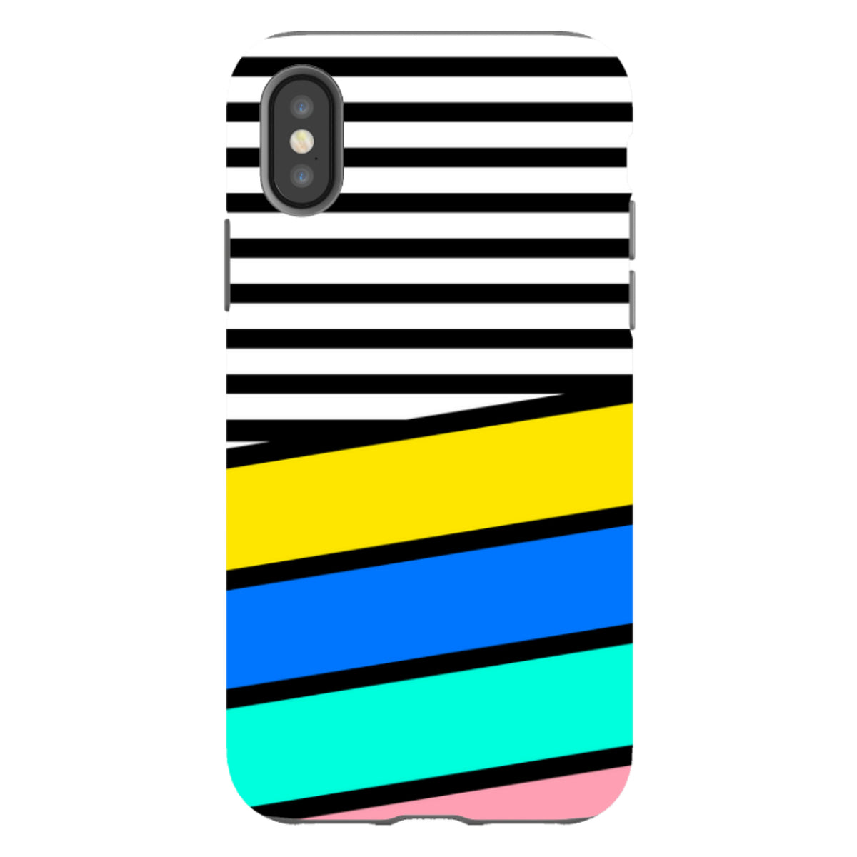 Dual-layer iPhone tough case featuring a black and white striped top with yellow, blue, teal, and pink diagonal stripes.