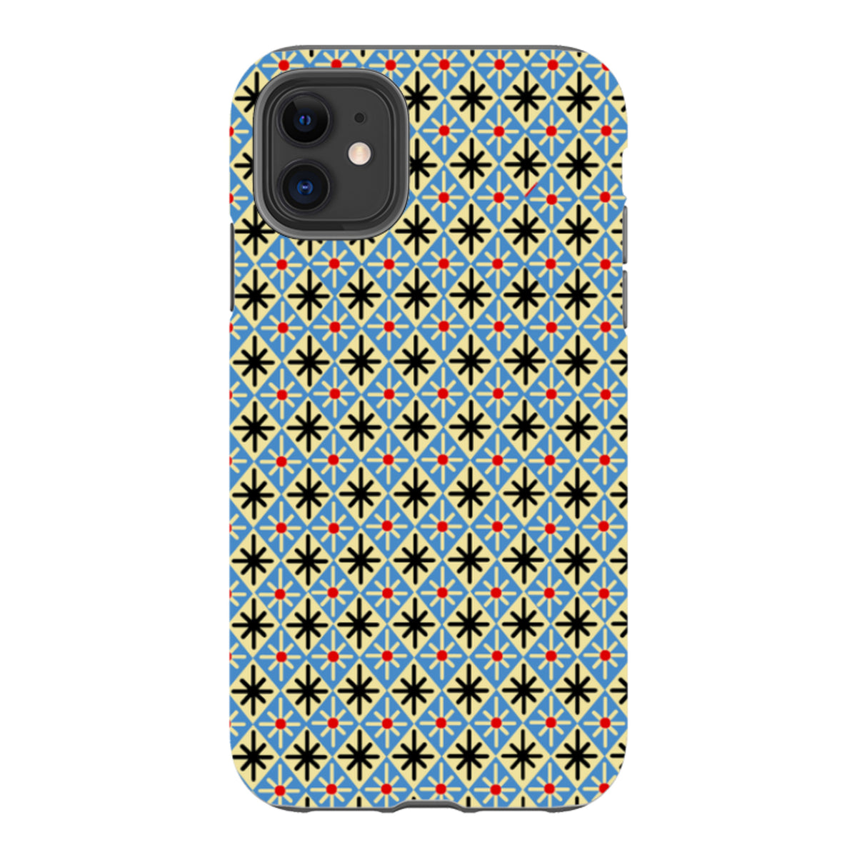 iPhone tough case featuring a blue, cream, and black diamond geometric pattern with small red accents by Cressida Bell.