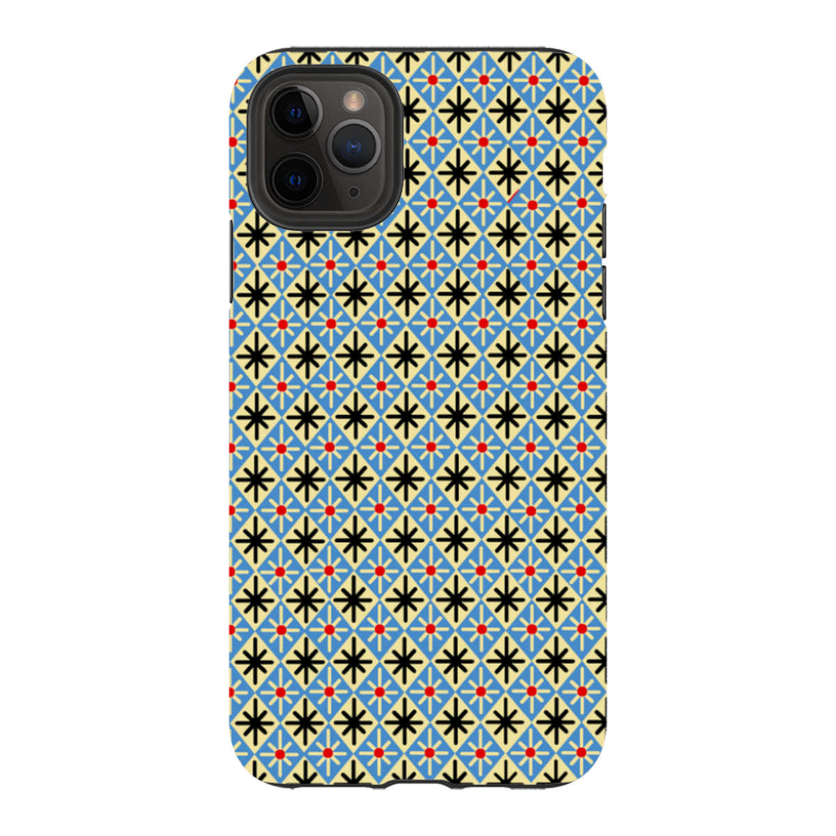 iPhone tough case featuring a blue and cream diamond geometric pattern with black star accents and red dots.