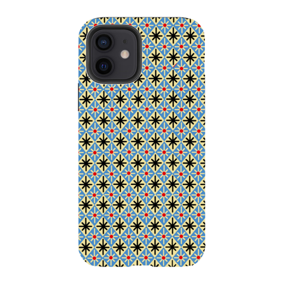 iPhone tough case featuring a blue, cream, and black diamond geometric pattern with red accents and dual-layer protection.