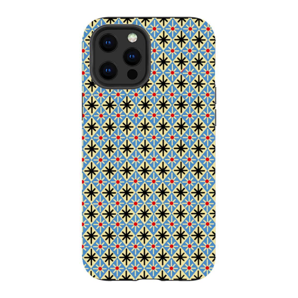 iPhone tough case featuring a blue and cream diamond pattern with black starbursts and red dots by Cressida Bell.
