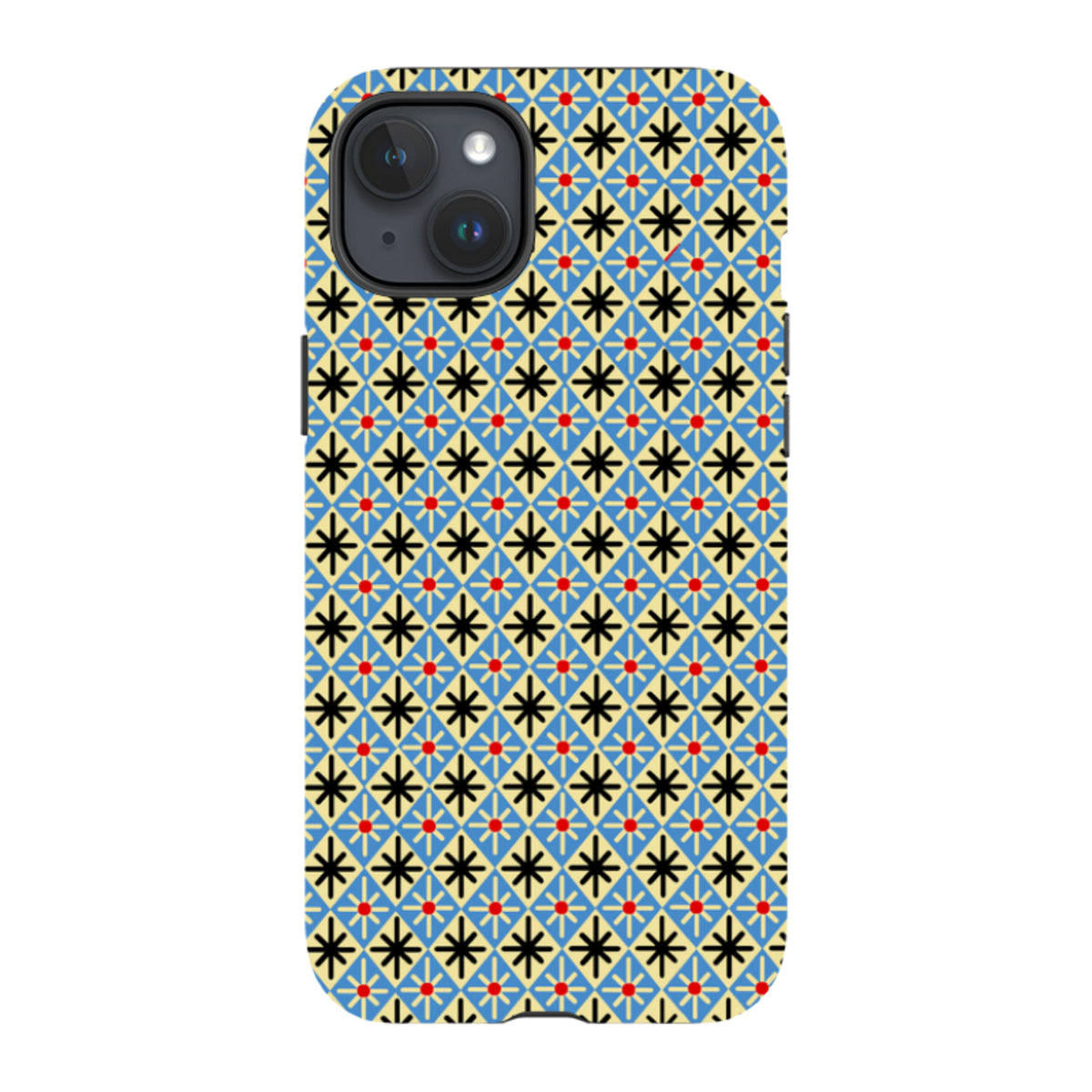 iPhone tough case with a blue and cream diamond pattern featuring black starbursts and red dots.