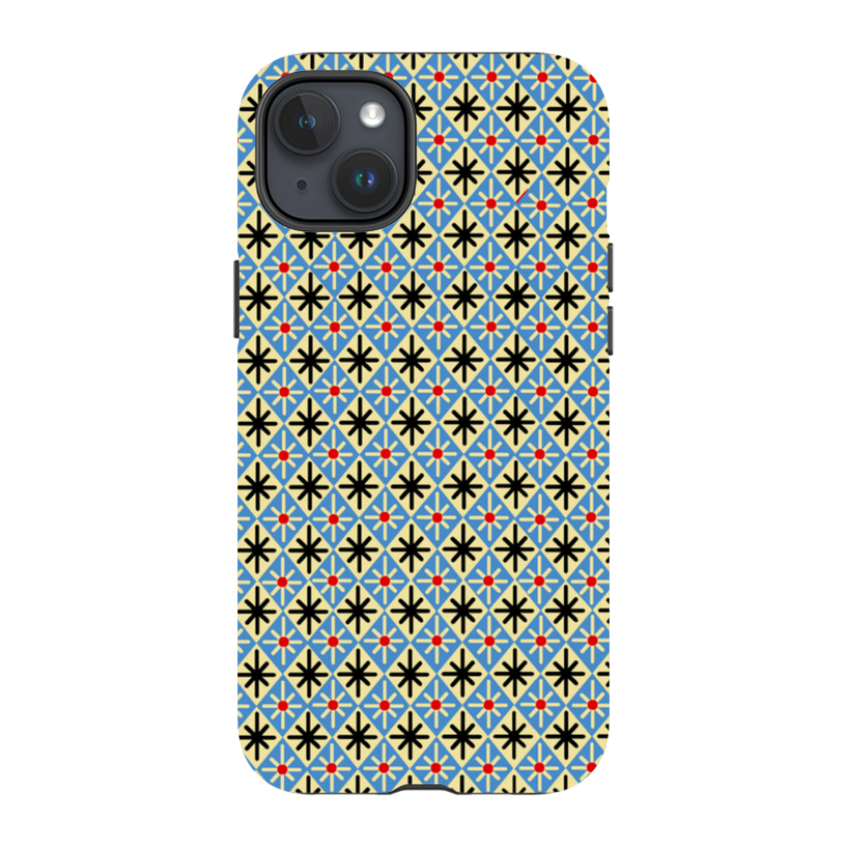 iPhone tough case featuring a blue and cream diamond pattern with black starbursts and red dots by Cressida Bell.