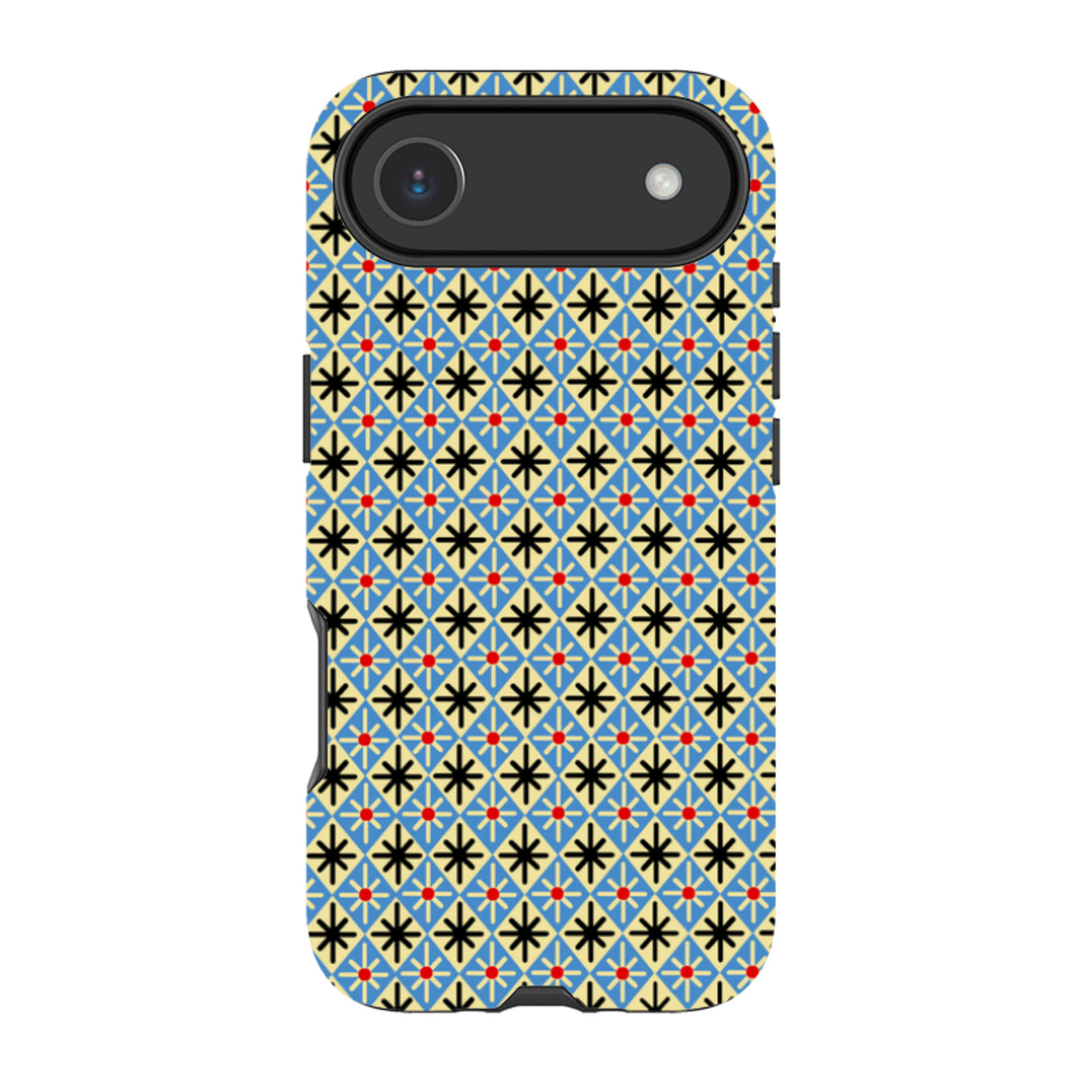 iPhone Tough Case featuring a blue, black, and red diamond geometric pattern by Cressida Bell with dual-layer protection.