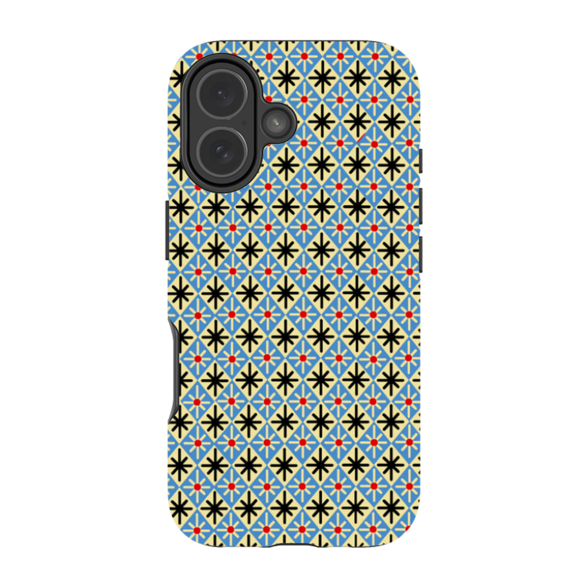 iPhone tough case featuring a blue and cream diamond geometric pattern with black star accents and red dots.