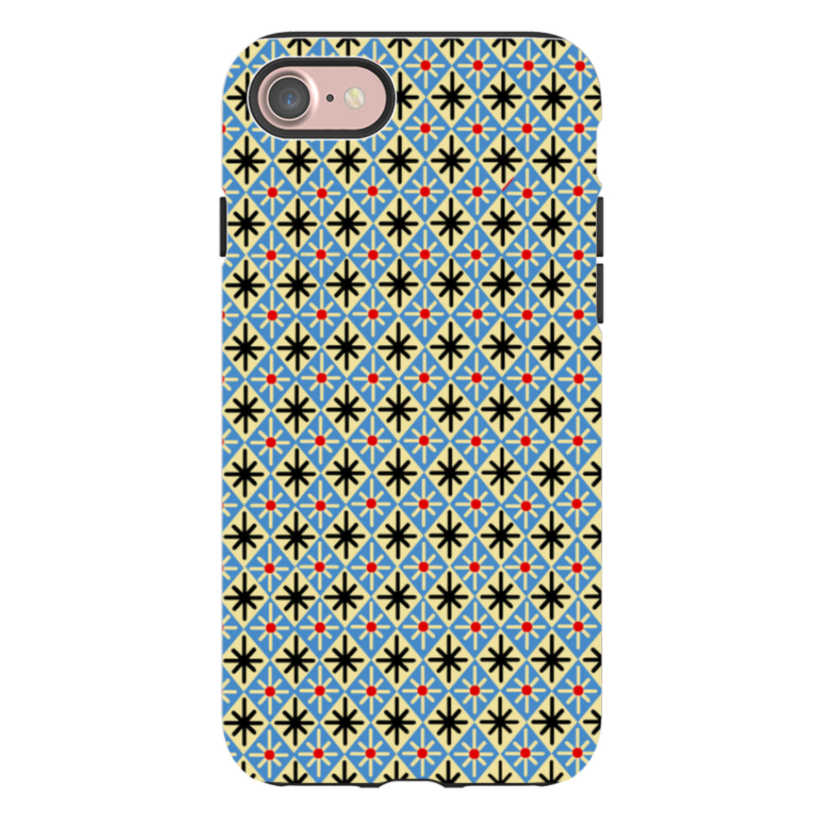 iPhone tough case featuring a blue and cream diamond pattern with black starbursts and red accents by Cressida Bell.