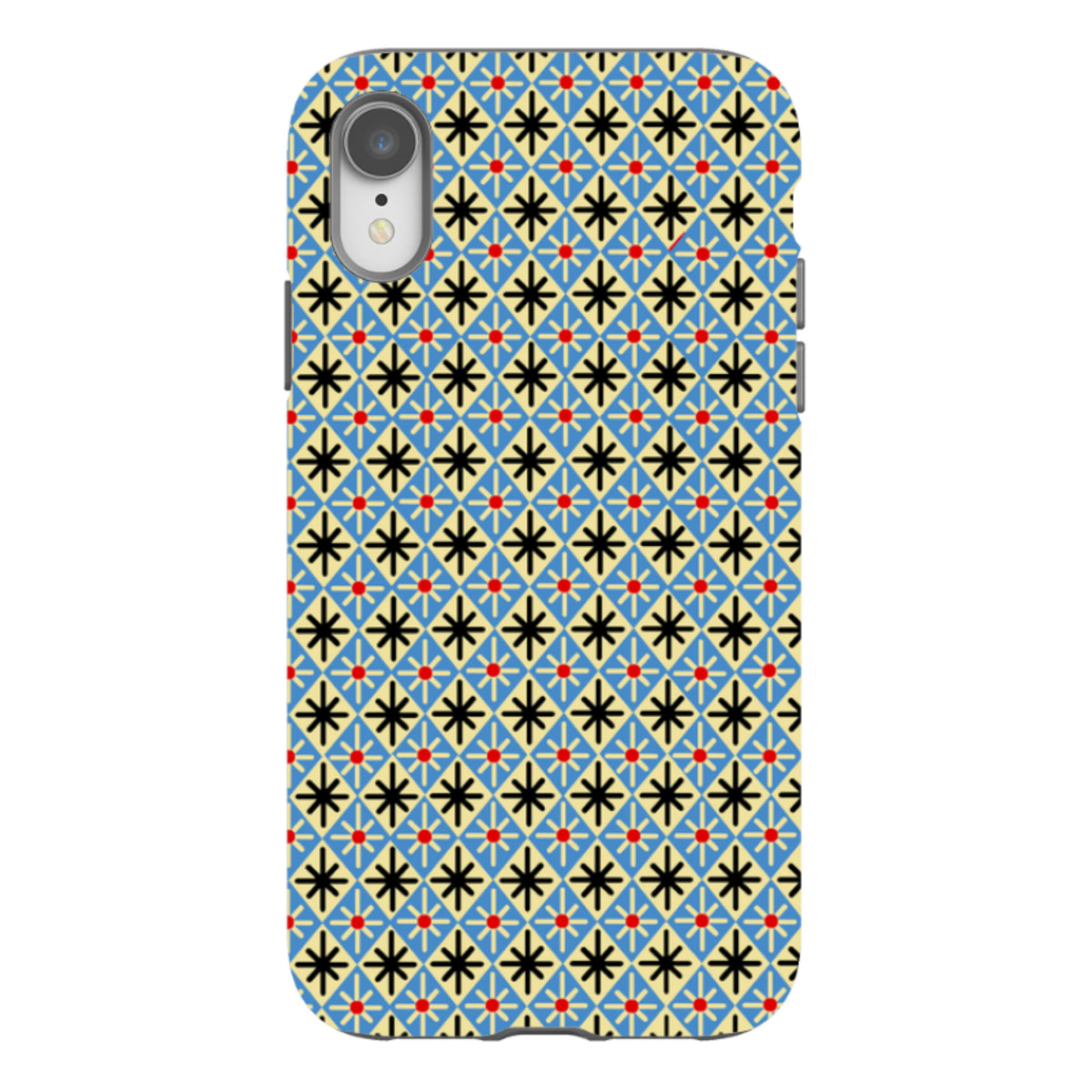 iPhone tough case featuring a blue, cream, and black diamond geometric pattern with red accents by Cressida Bell.