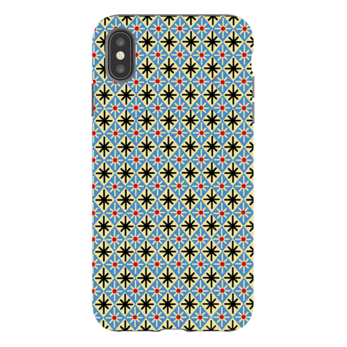 iPhone tough case featuring a blue and cream diamond geometric pattern with black starbursts and red dots.