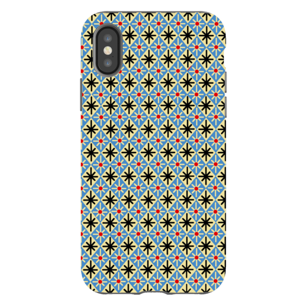 iPhone tough case featuring a blue and cream diamond geometric pattern with black star accents and red dots.