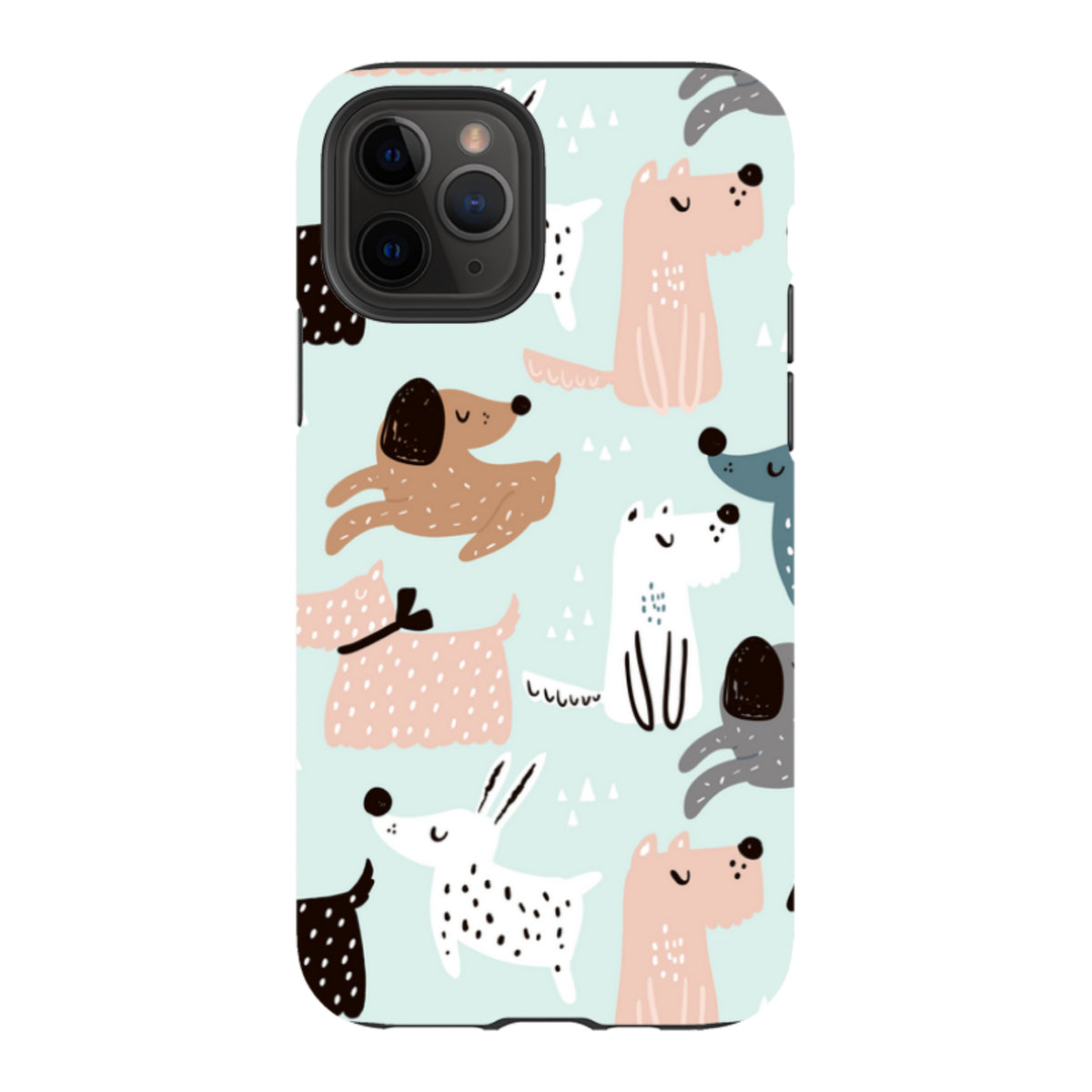 iPhone tough case with a light blue background and a playful, colorful pattern of various illustrated dog breeds.