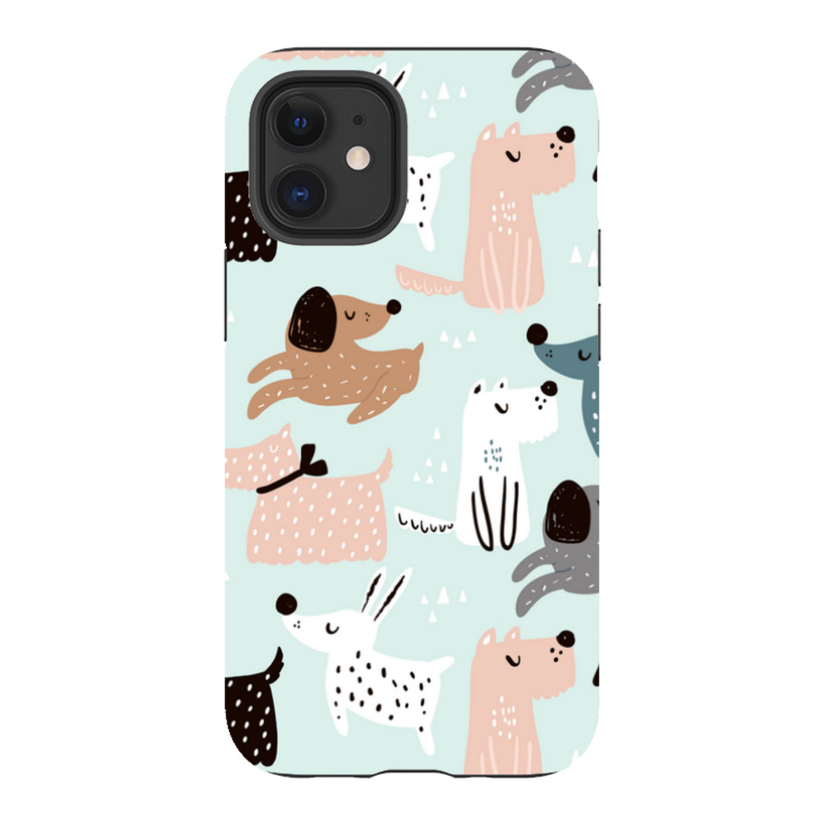 Dual-layer iPhone tough case with a playful, colorful dog pattern on a light blue background.