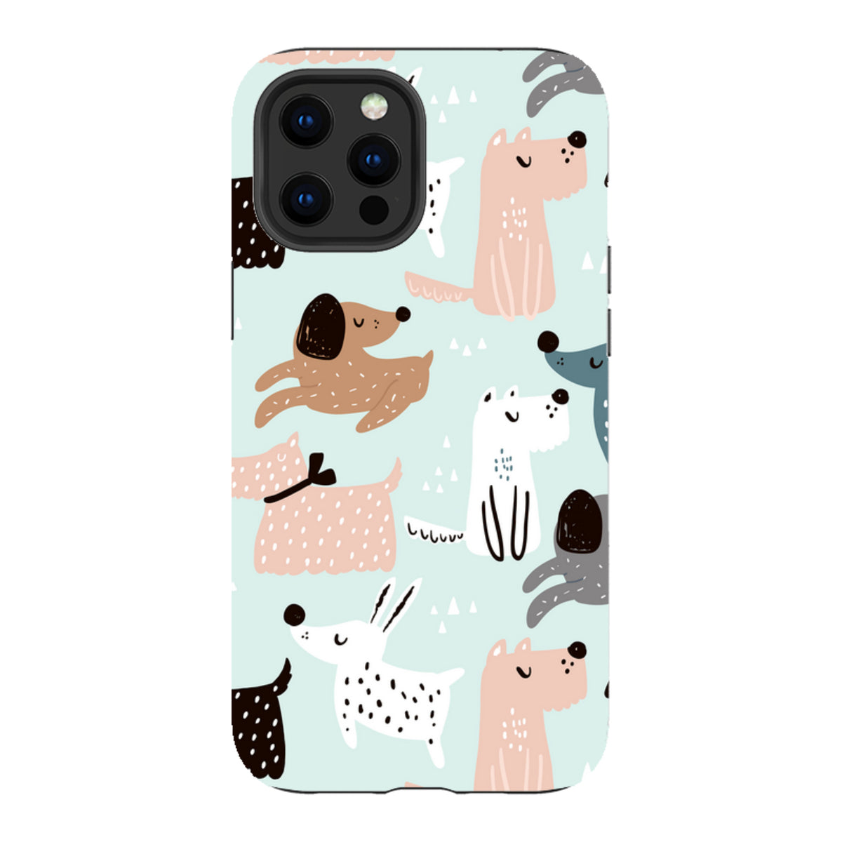 iPhone tough case with a light blue background featuring a playful, multi-colored illustrated dog pattern.