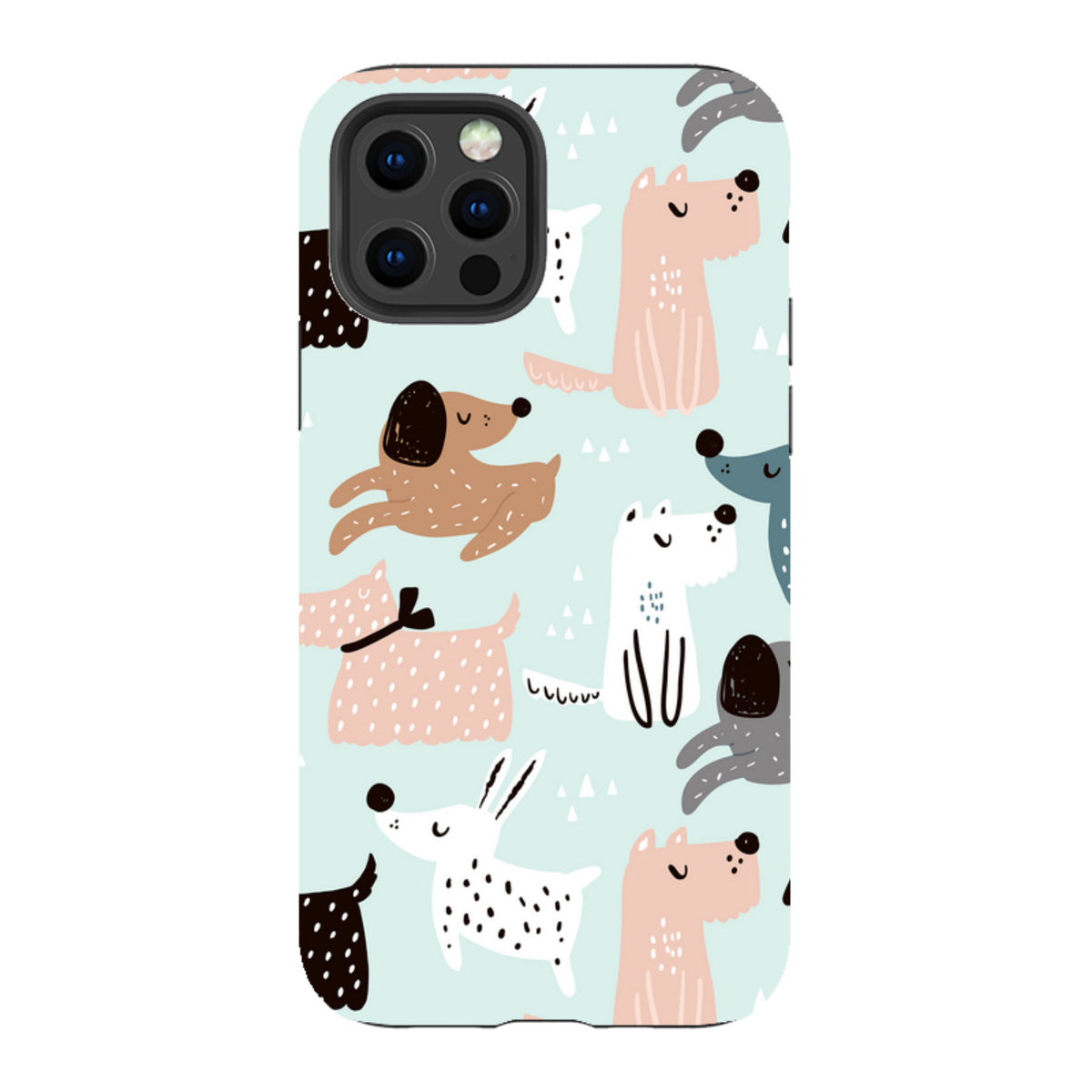 iPhone tough case with a light blue background and a playful, colorful pattern of illustrated dogs.