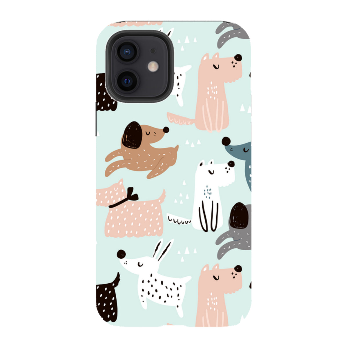 iPhone tough case with a light blue background featuring a playful, colorful pattern of illustrated dogs.