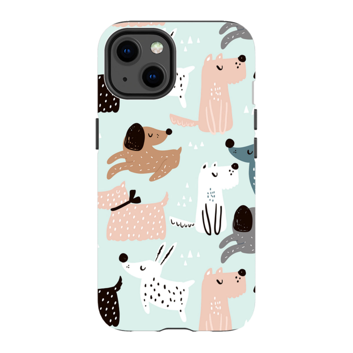 iPhone tough case with a light blue background and a playful, colorful pattern of illustrated dogs in various styles.
