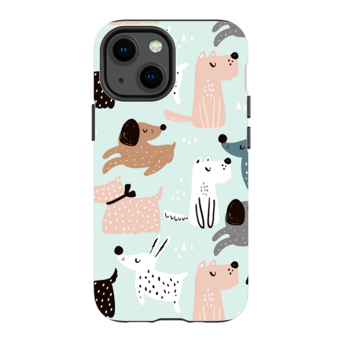 iPhone tough case with a light blue background and a playful, multi-colored pattern of illustrated dogs.