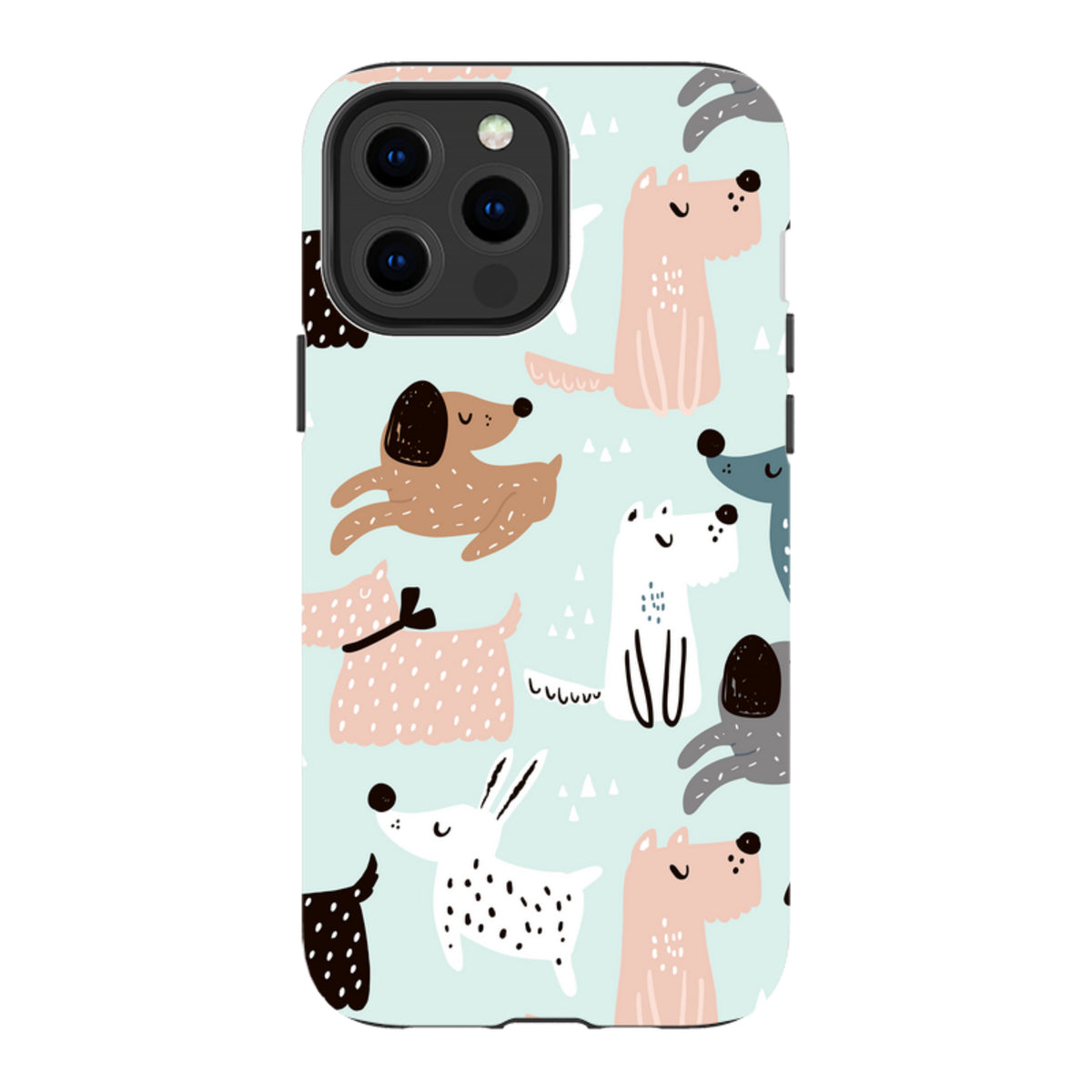 iPhone tough case with a light blue background featuring a playful, multi-colored pattern of illustrated dogs.