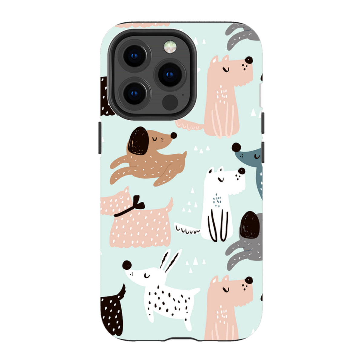 iPhone tough case with a light blue background featuring a playful, multi-colored pattern of illustrated dogs.