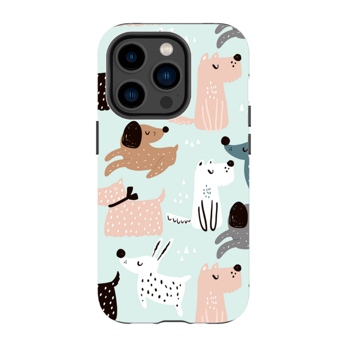 iPhone tough case with a light blue background and a playful pattern of colorful, hand-drawn cartoon dogs.