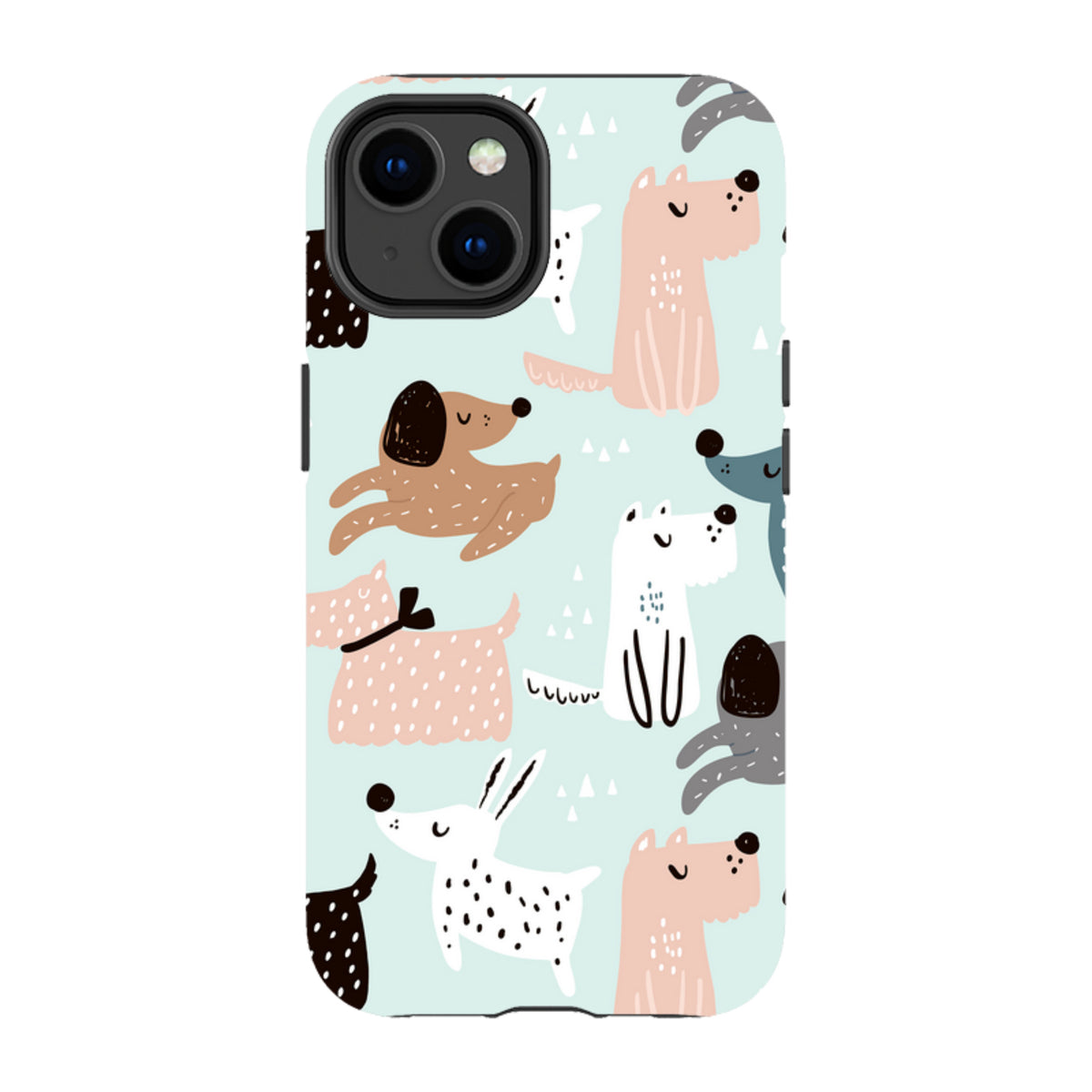 iPhone tough case with a light blue background featuring a playful, high-definition pattern of colorful cartoon dogs.