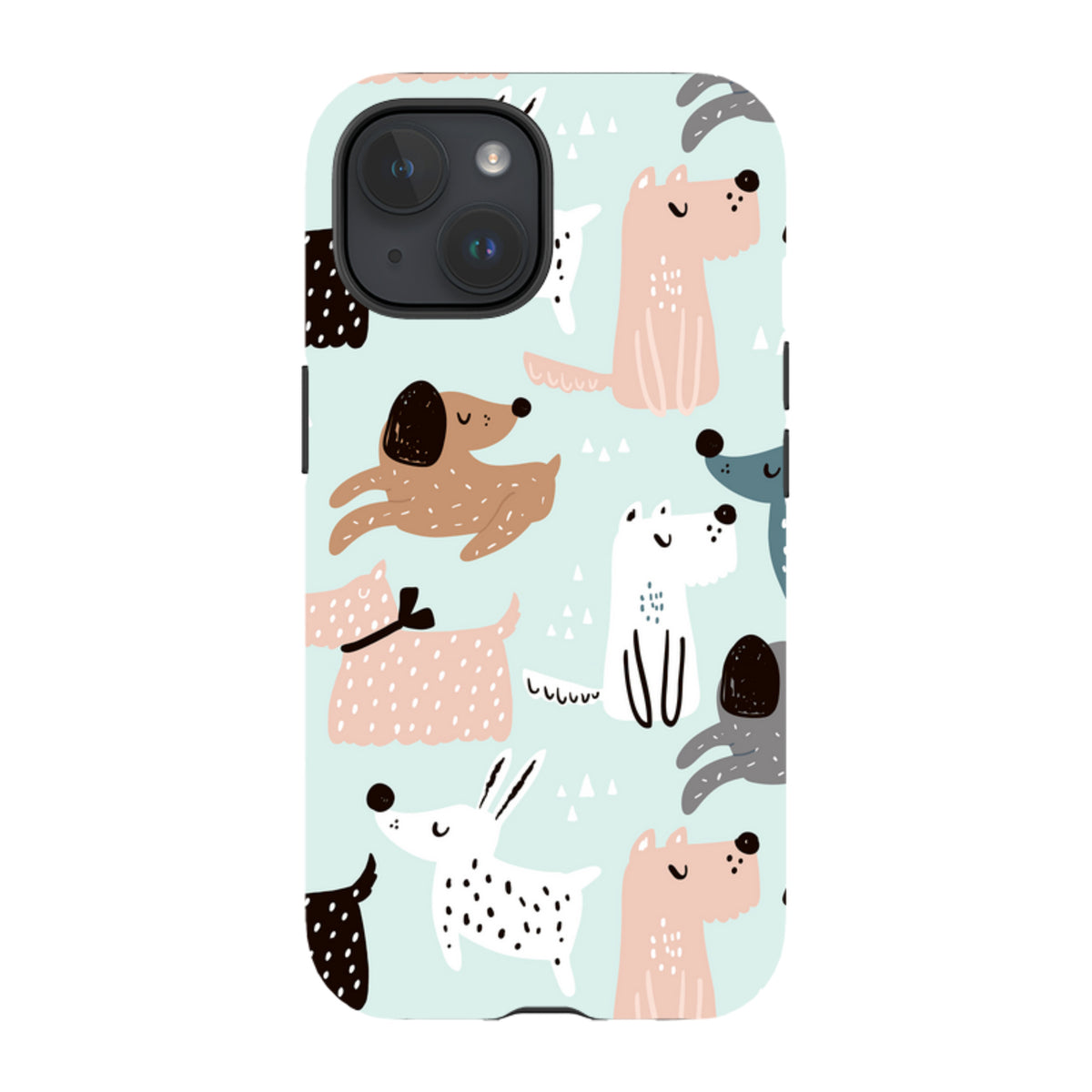 iPhone tough case with a light blue background featuring a playful, colorful pattern of illustrated dogs.