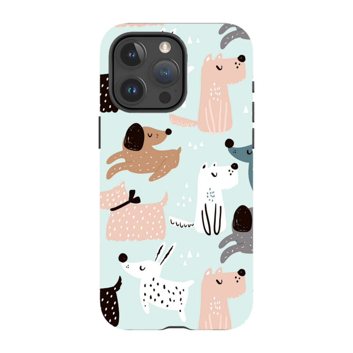 iPhone tough case with a light blue background and a playful, colorful pattern of various illustrated dog breeds.